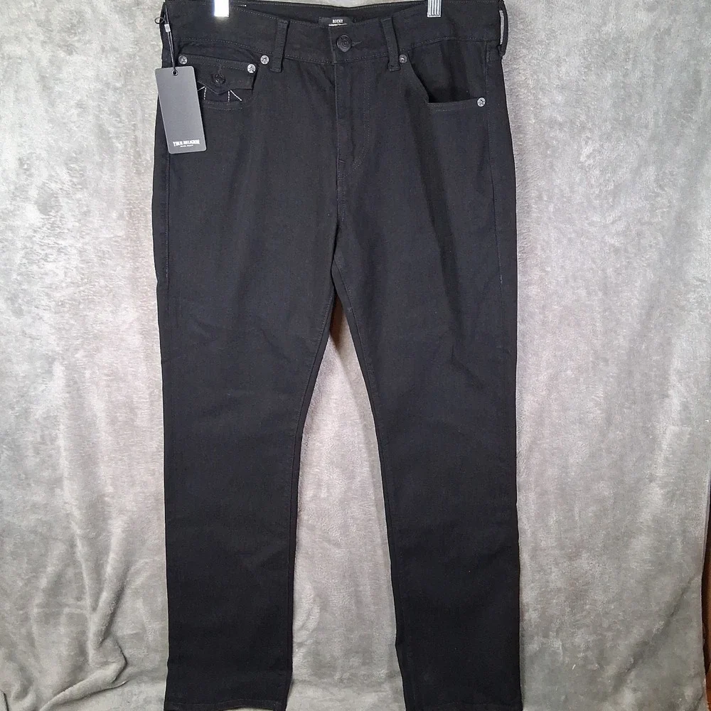 New True Religion Ricky Flap Jeans Mens Size 34x34 Black Relaxed Straight Stretc